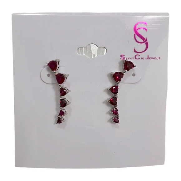 SAVVY CIE • Ruby Red & Pink Hearts Love Sterling Silver Ear Crawler Earrings - Picture 6 of 6
